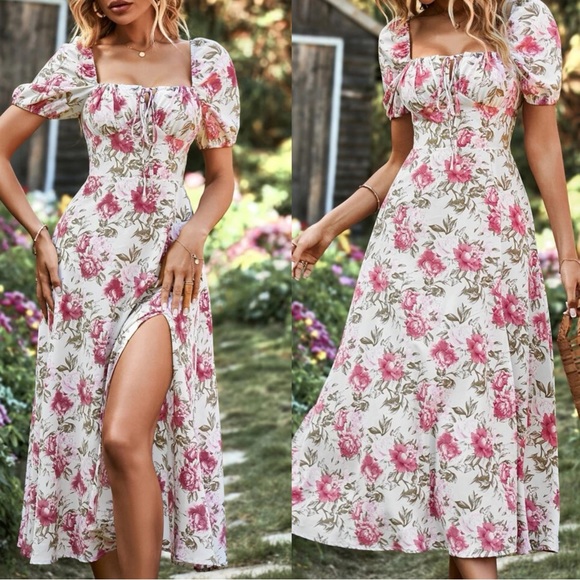 Boho Floral Print Puff Short Sleeve Midi Dress Cottagecore - Picture 3 of 4